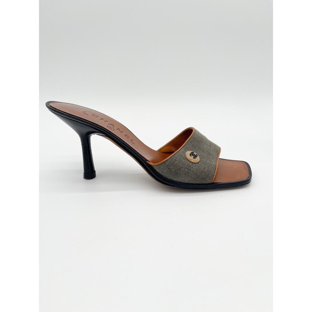 Chanel Vintage y2k Gray Canvas CC Logo Square Toe Mule Sandals Heels EU 37 - Picture 4 of 14